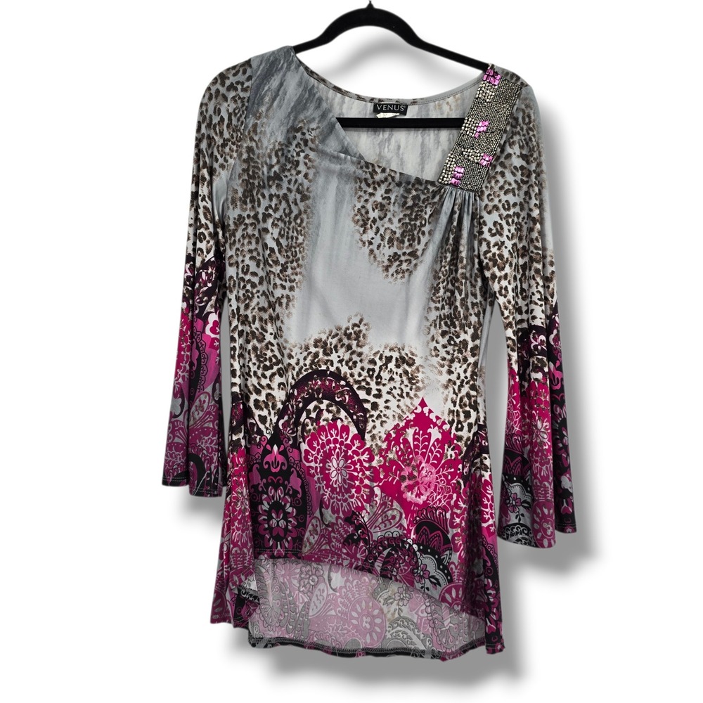 Venus Womens Medium Leopard Paisley Beaded Asymmetrical High Low Bell Sleeve Top